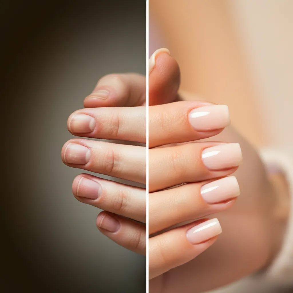 Before and After Transformation: A split image showing a before-and-after transformation of nails—on one side, unmanicured nails and on the other, perfectly polished nails. Include a soft gradient background that transitions from dull to vibrant colors.