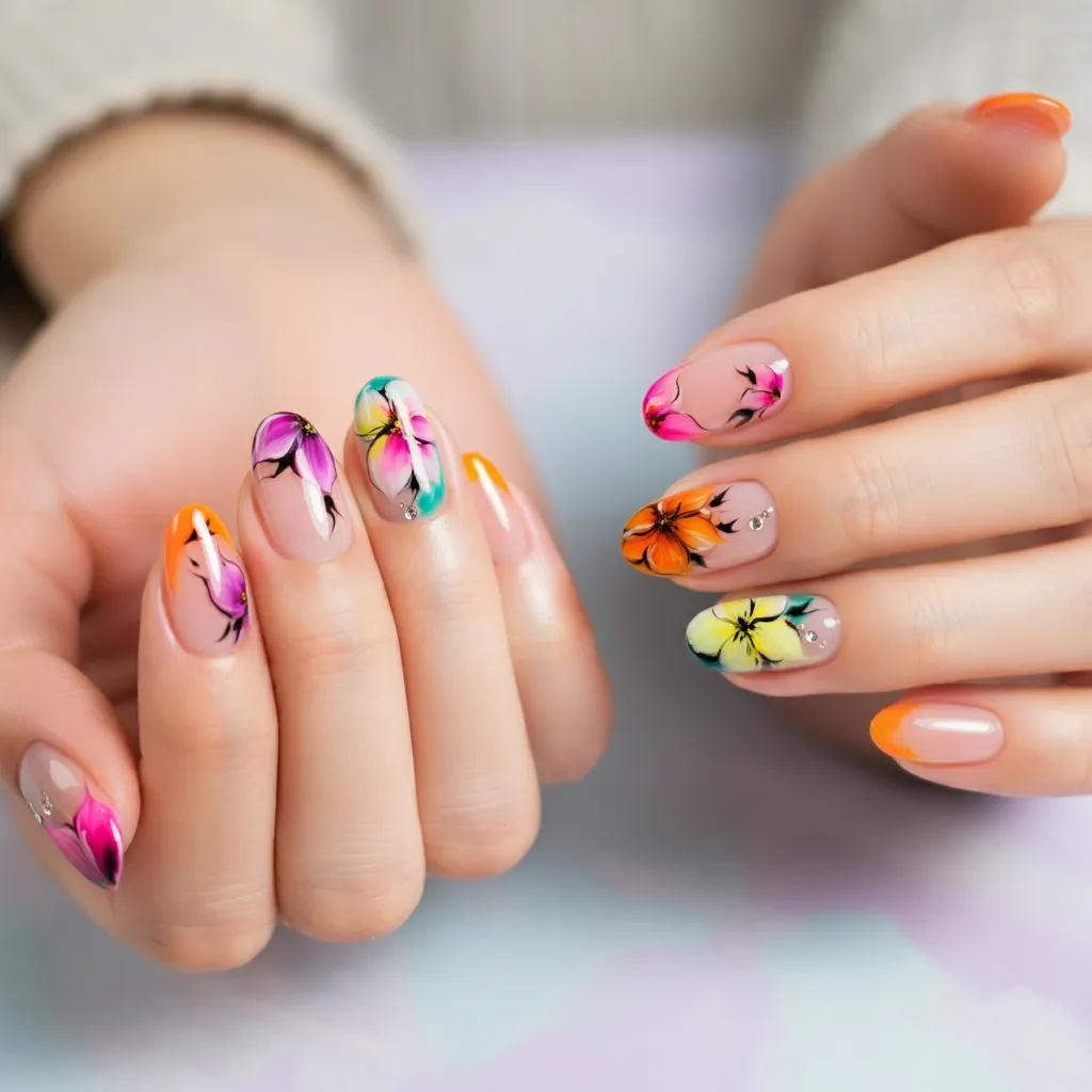 Nail Art Tutorial: An engaging image of a step-by-step nail art tutorial in action, with hands showing each step of the process. Include the tools and products used, set against a stylish workspace background.