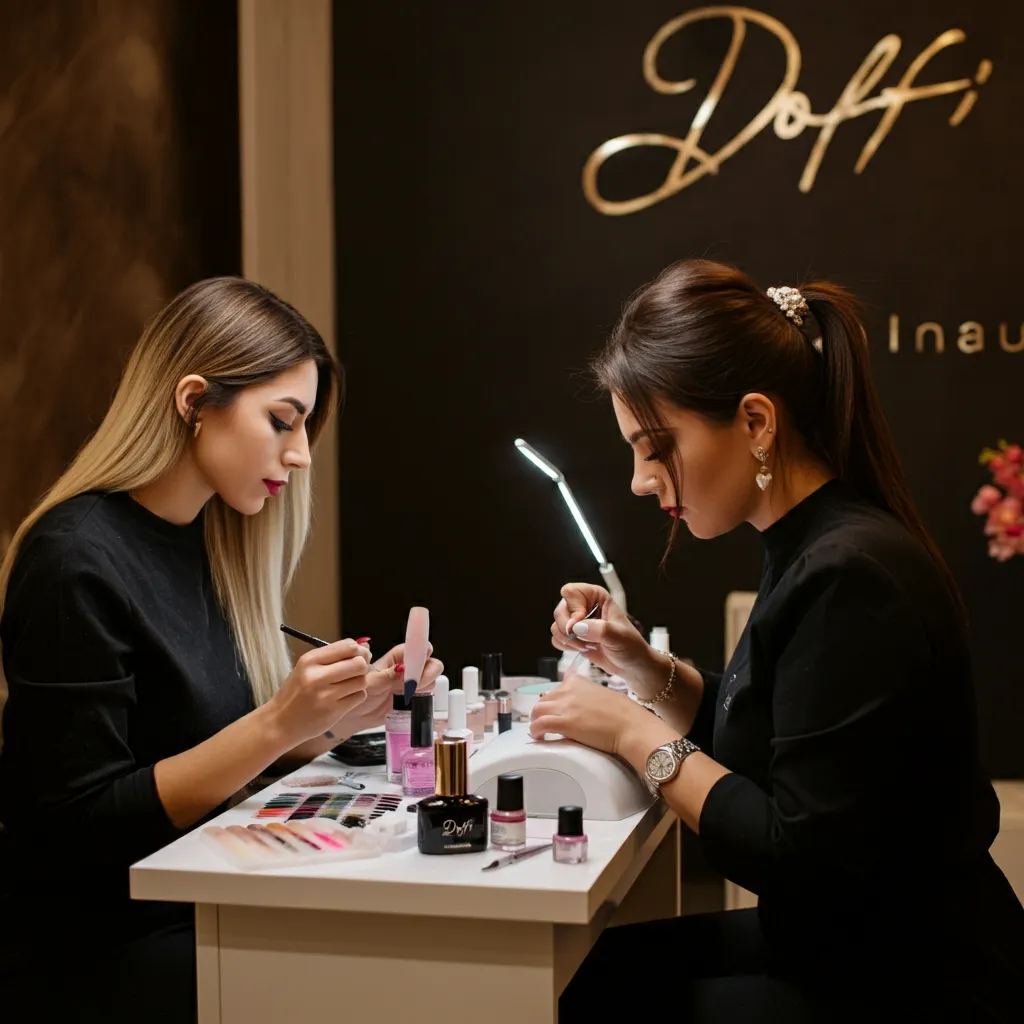 Nail Care Products Display: A visually appealing arrangement of Dolfi Nails’ nail care products, such as polishes, cuticle oils, and nail files, set against a chic, minimalist backdrop with natural lighting to create an inviting atmosphere.