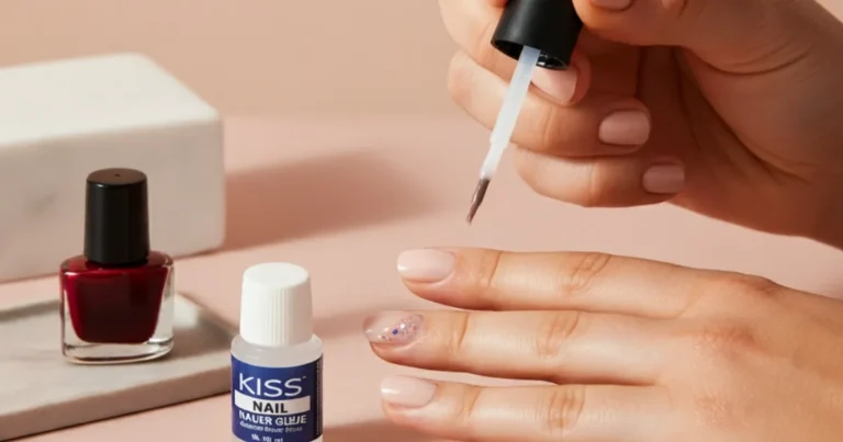 A close-up image of hands applying Kiss Nail Glue to attach a press-on nail with precision. The nails are neatly manicured, and the glue is being applied with a small applicator brush to create a seamless bond. The setting is clean and well-lit, with a modern, minimalistic background, evoking a sense of beauty and care, and highlighting the process of achieving strong, stylish naails.