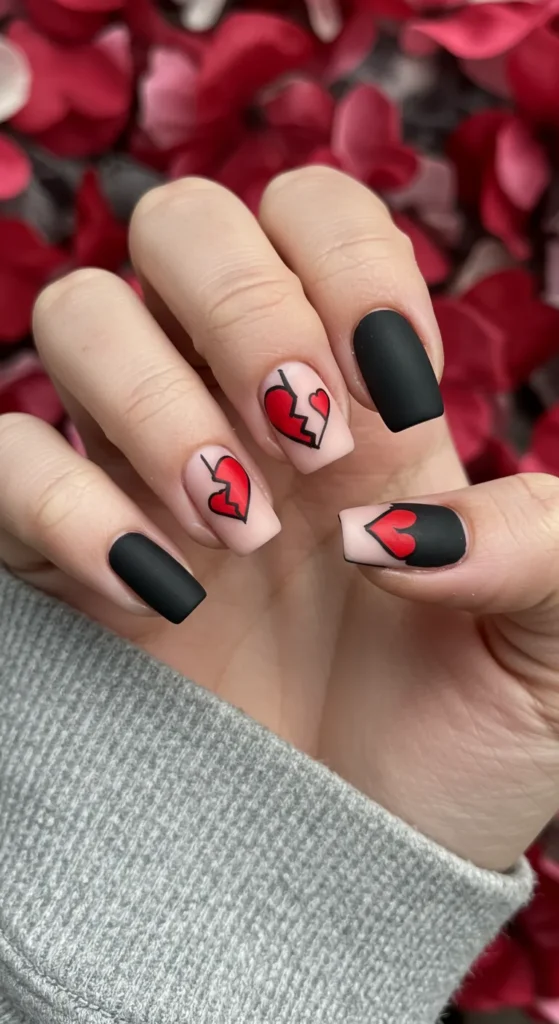 A hand with matte black and nude nails featuring minimalist broken heart designs.