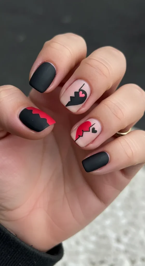 A hand with matte black and nude nails featuring minimalist broken heart designs.