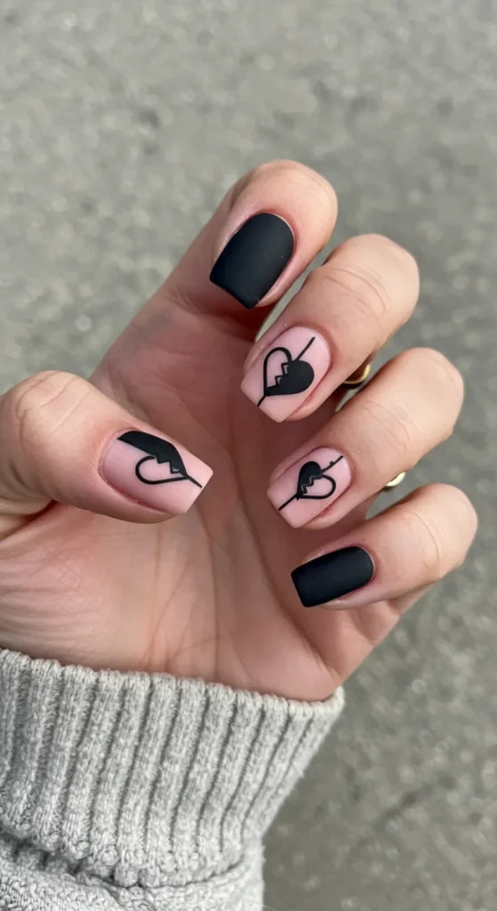 A hand with matte black and nude nails featuring minimalist broken heart designs.