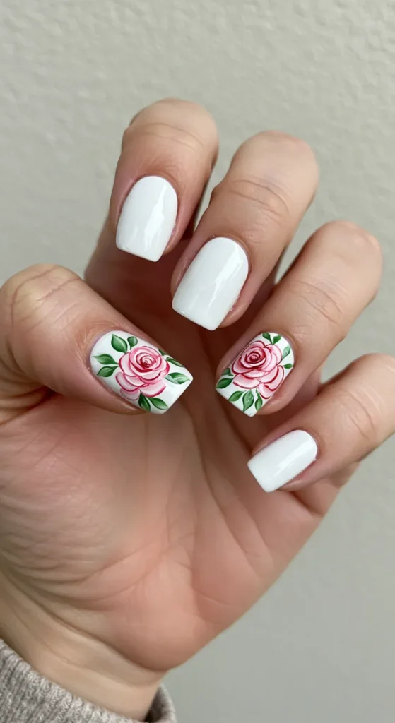  A hand with white nails decorated with hand-painted pink and purple roses and green leaves.