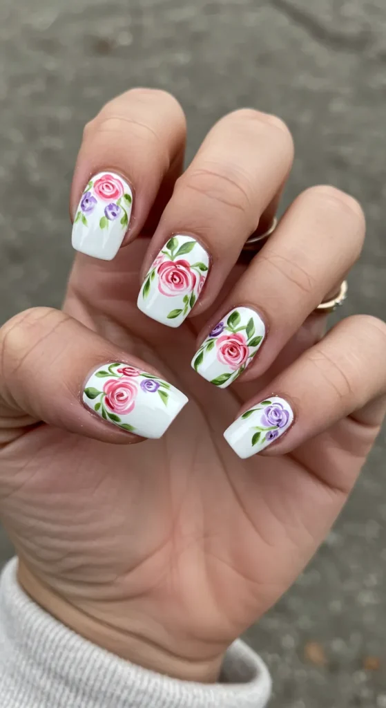  A hand with white nails decorated with hand-painted pink and purple roses and green leaves.