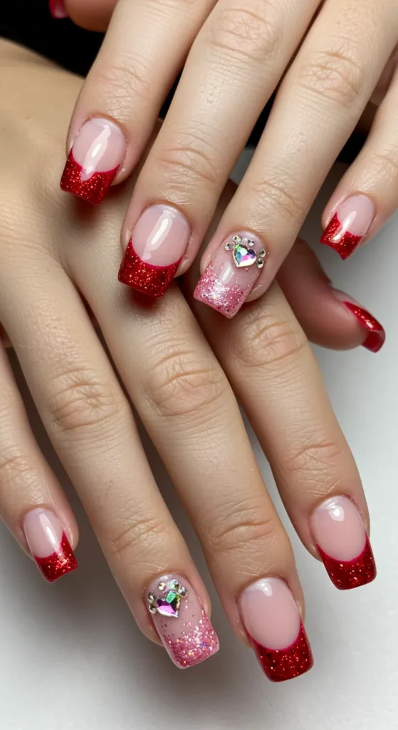 A hand with a French tip manicure featuring glittery red tips, pink glitter accents, and silver heart rhinestone details.