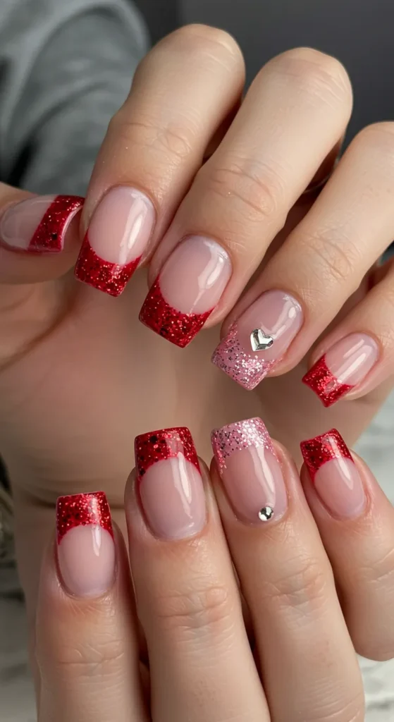 A hand with a French tip manicure featuring glittery red tips, pink glitter accents, and silver heart rhinestone details.