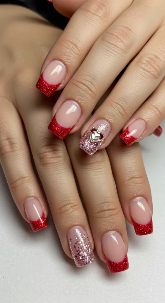 A hand with a French tip manicure featuring glittery red tips, pink glitter accents, and silver heart rhinestone details.