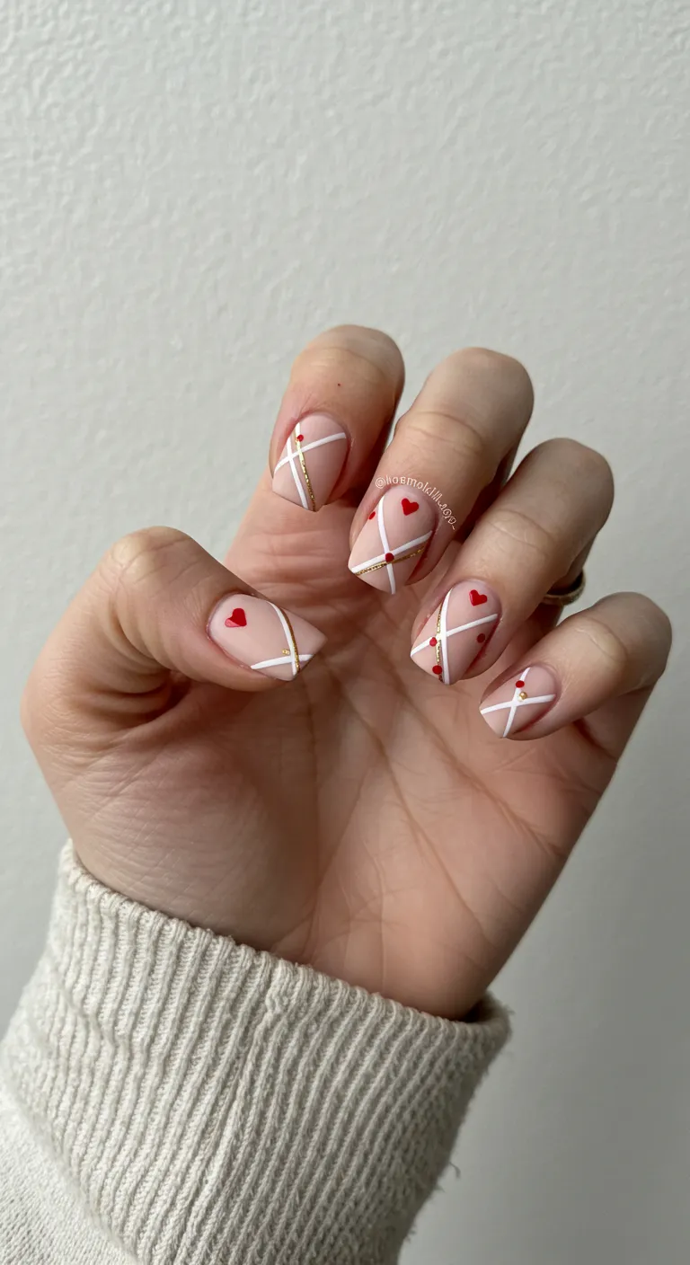 A hand with geometric nail art featuring red hearts, white lines, and gold accents on a nude base.