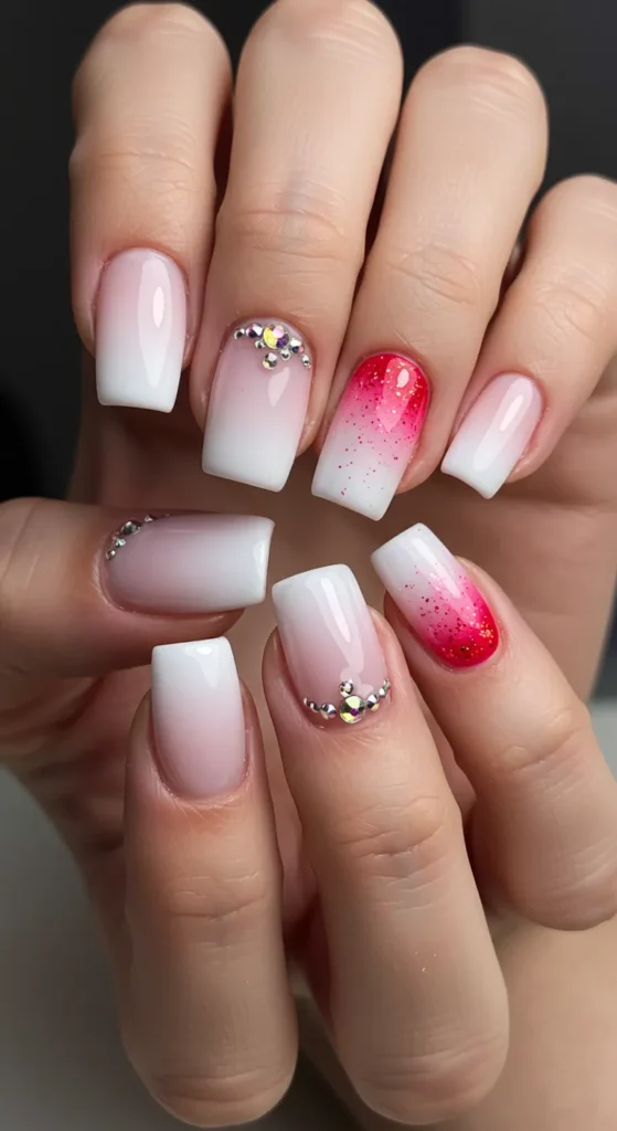 A manicure featuring a mix of gradient pink to white nails, glitter accents, and rhinestone embellishments.