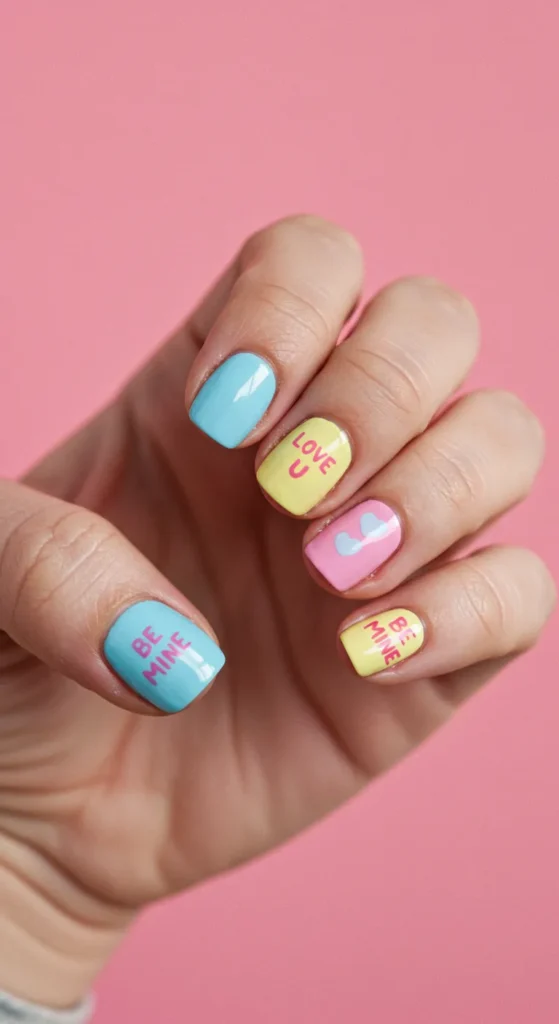 A hand with pastel-colored nails inspired by conversation heart candies, featuring phrases like "LOVE U" and "BE MINE.