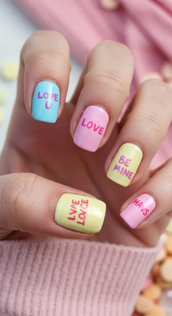 A hand with pastel-colored nails inspired by conversation heart candies, featuring phrases like "LOVE U" and "BE MINE.