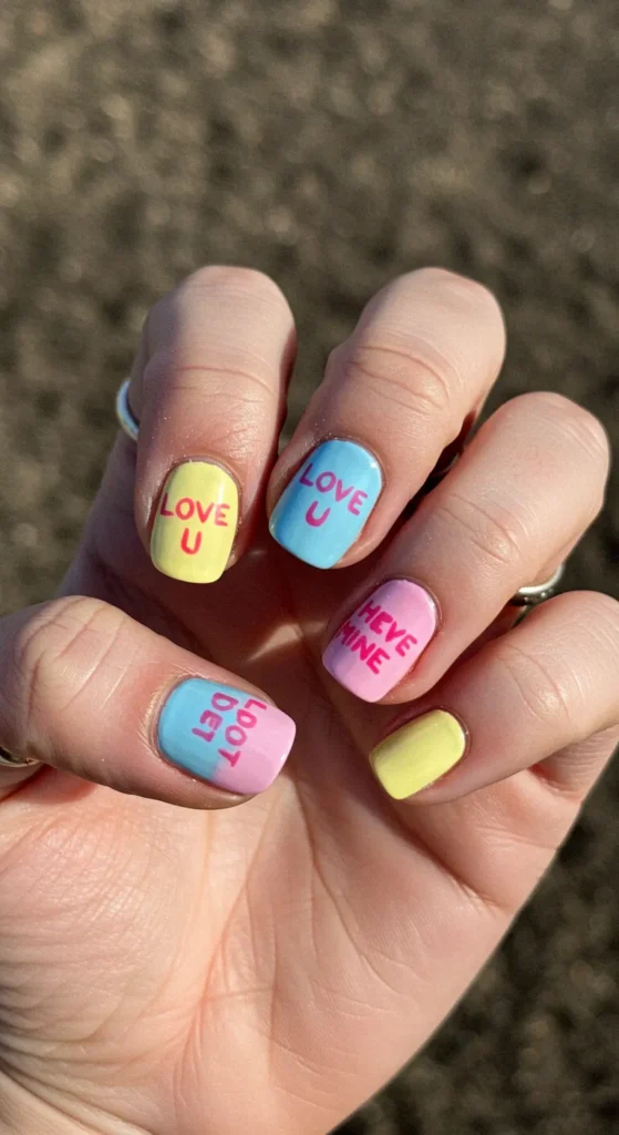 A hand with pastel-colored nails inspired by conversation heart candies, featuring phrases like "LOVE U" and "BE MINE.