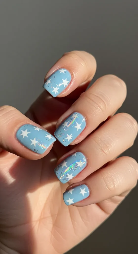 A light baby blue base with small white stars and holographic glitter scattered across for a magical, fresh design. 🌟✨

