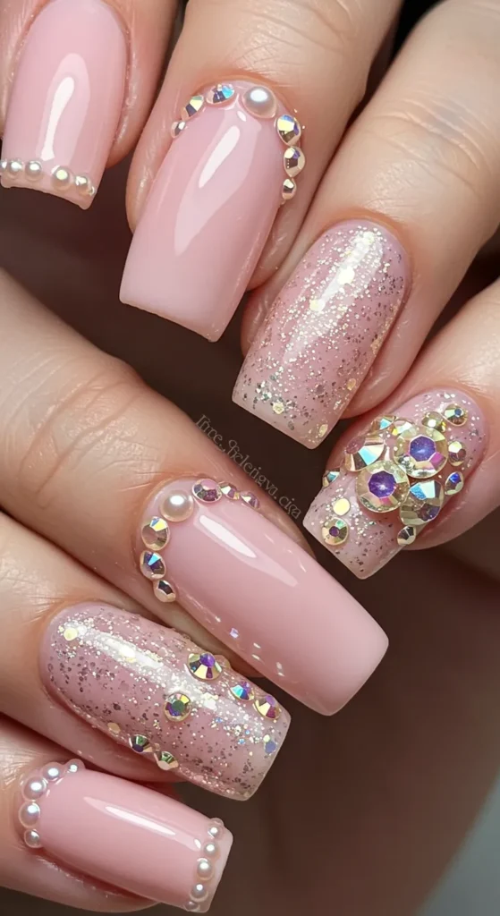 Blush Pink & Rhinestone Elegance nails design