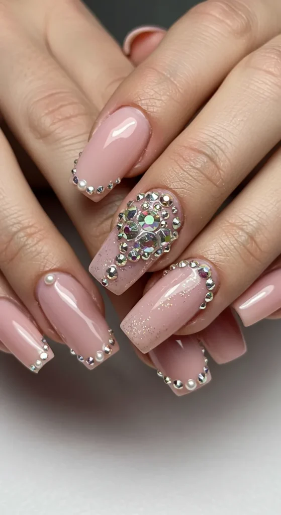 Blush Pink & Rhinestone Elegance nails design