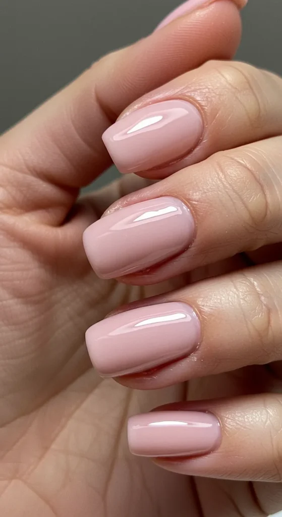 Soft pink nails with a creamy, glossy finish, radiating elegance and sophistication.

