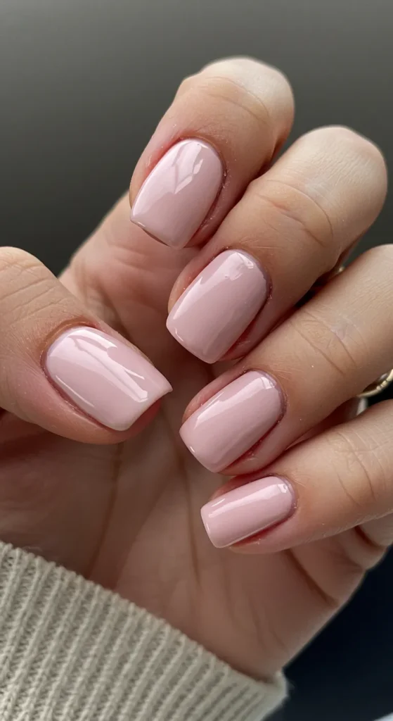 Soft pink nails with a creamy, glossy finish, radiating elegance and sophistication.

