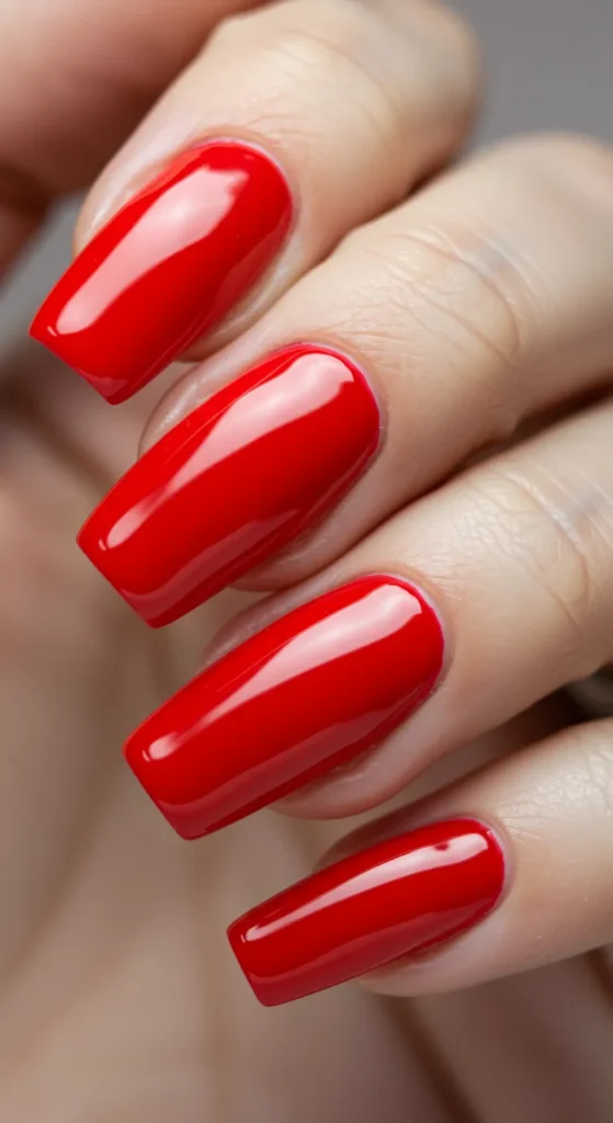 Nails painted in a rich, classic red with a high-gloss finish, exuding confidence and timeless elegance.

