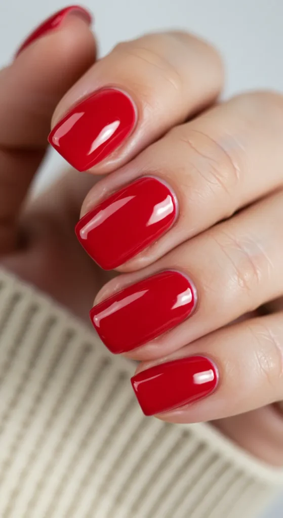 Nails painted in a rich, classic red with a high-gloss finish, exuding confidence and timeless elegance.

