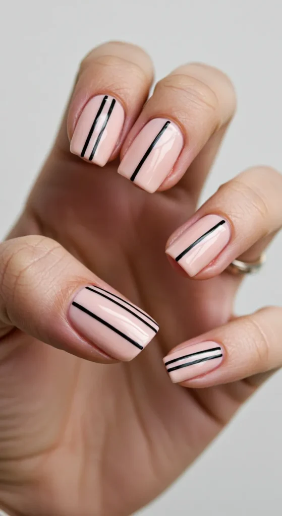 Bold black stripes run vertically or horizontally across nude or pastel nails, adding a sharp and modern contrast.

