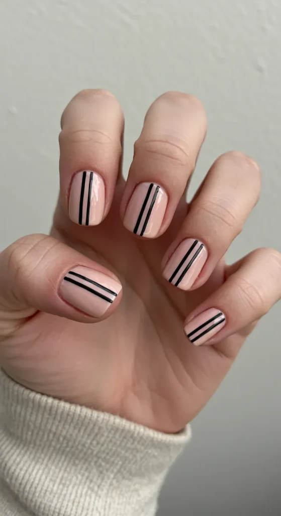 Bold black stripes run vertically or horizontally across nude or pastel nails, adding a sharp and modern contrast.

