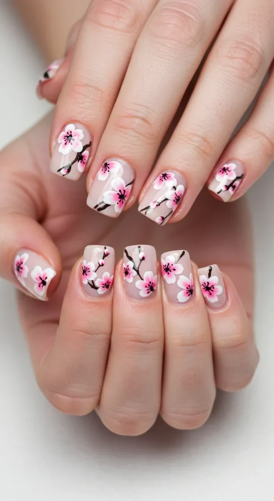 A beautiful set of Cherry Blossom Nails featuring delicate pink floral designs on a soft, pastel or nude base, inspired by the elegance of springtime cherry blossoms.