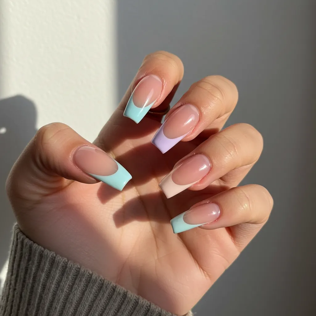 A stylish set of Classic Pastel French Tips, featuring soft pink, baby blue, lavender, and mint green tips on a nude base for an elegant and modern look.

