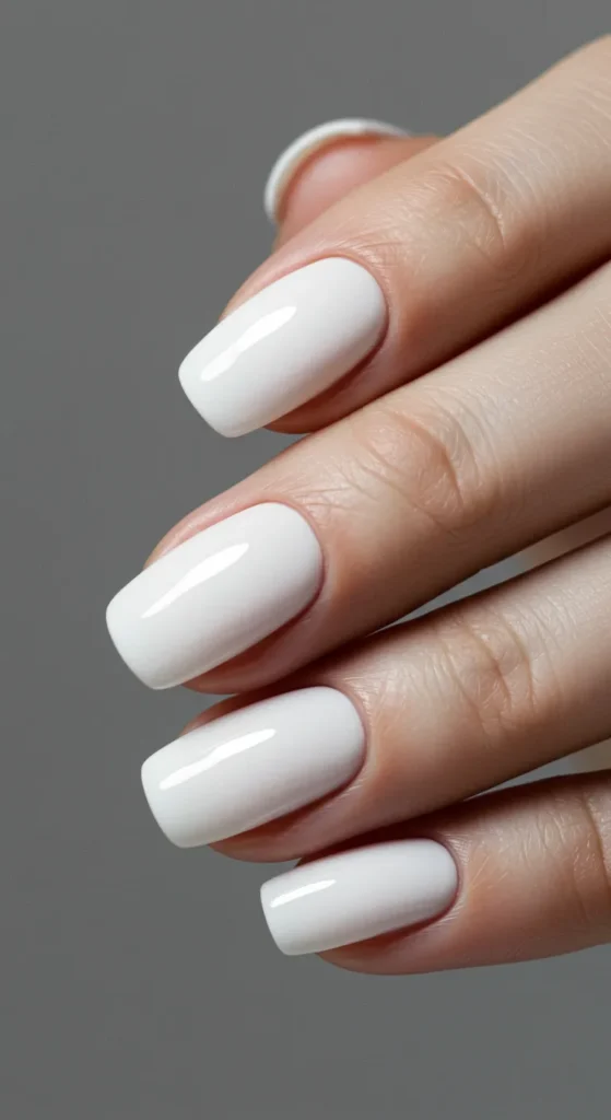 Pure white nails with a smooth, glossy finish, embodying a sleek and sophisticated minimalist aesthetic.

