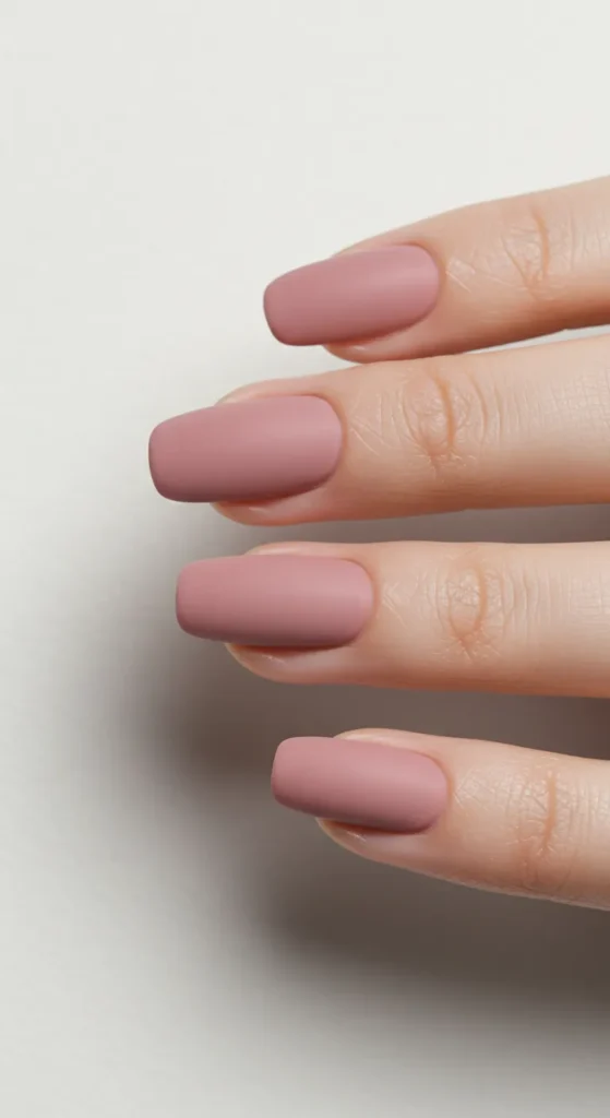 Nails painted in a muted rose shade with a soft matte or satin finish, exuding timeless elegance and sophistication.

