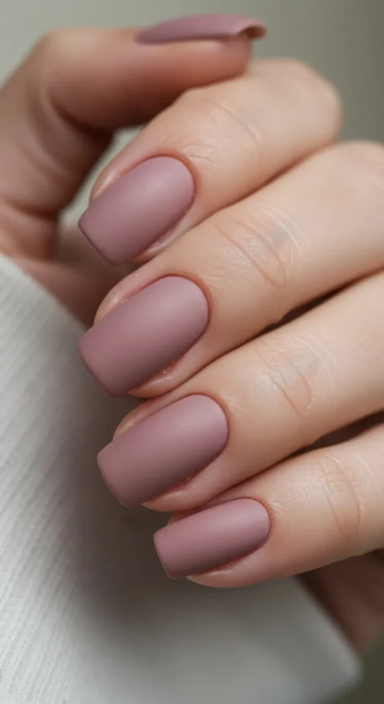 Nails painted in a muted rose shade with a soft matte or satin finish, exuding timeless elegance and sophistication.

