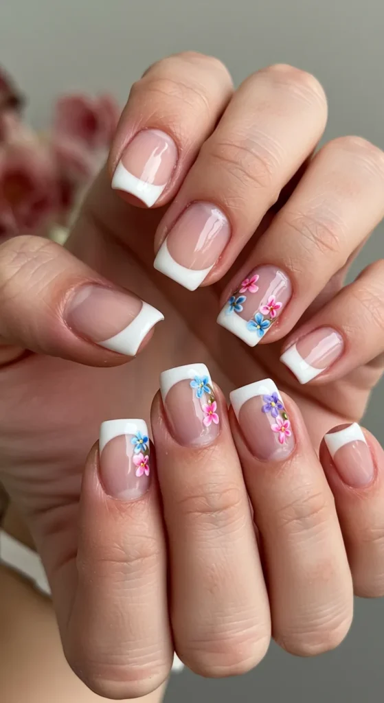 A stylish set of Floral French Tip nails featuring delicate hand-painted flowers on a classic French manicure base, perfect for a fresh and elegant spring look.