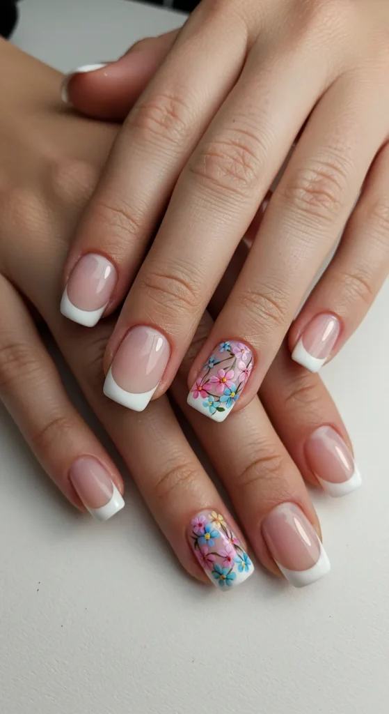 A stylish set of Floral French Tip nails featuring delicate hand-painted flowers on a classic French manicure base, perfect for a fresh and elegant spring look.