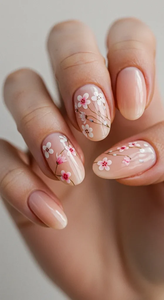 Soft pastel-colored nails decorated with tiny white or pink flowers, creating a delicate and fresh botanical look.

