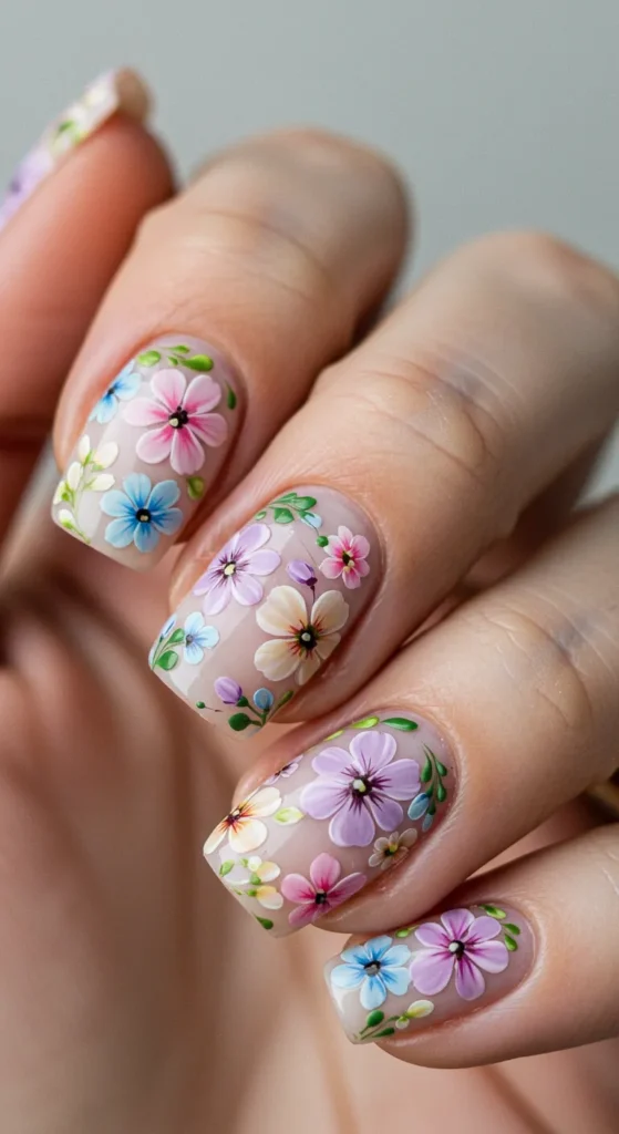 Delicate flowers in various shades bloom across the nails, accented by tiny green leaves for a soft yet striking design.

