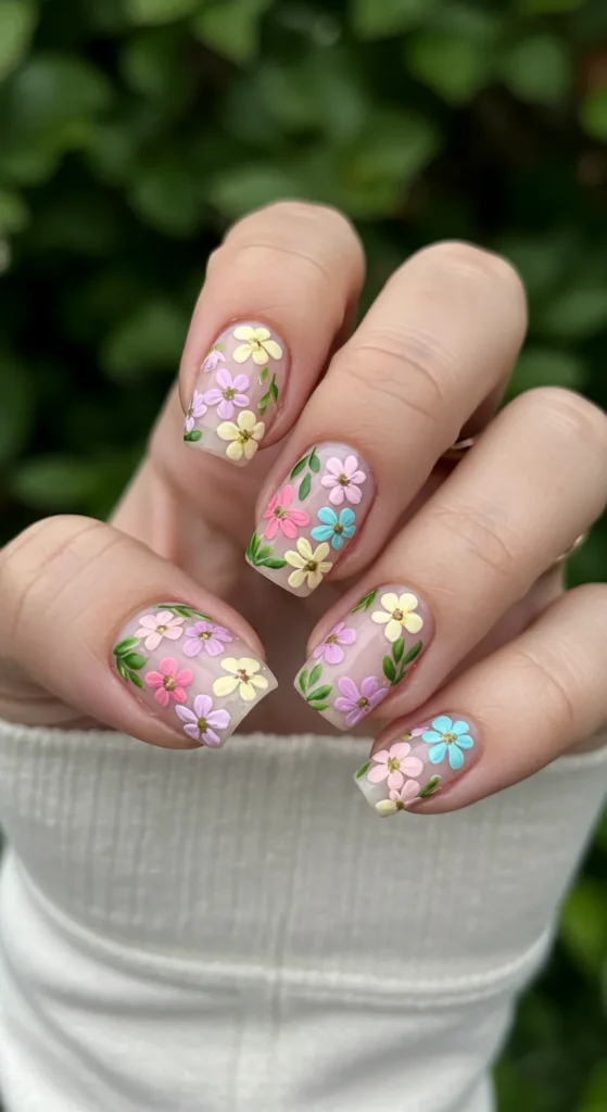 Delicate flowers in various shades bloom across the nails, accented by tiny green leaves for a soft yet striking design.

