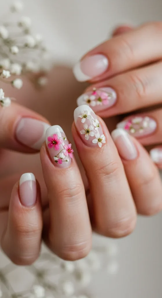 Soft pastel-colored nails decorated with tiny white or pink flowers, creating a delicate and fresh botanical look.

