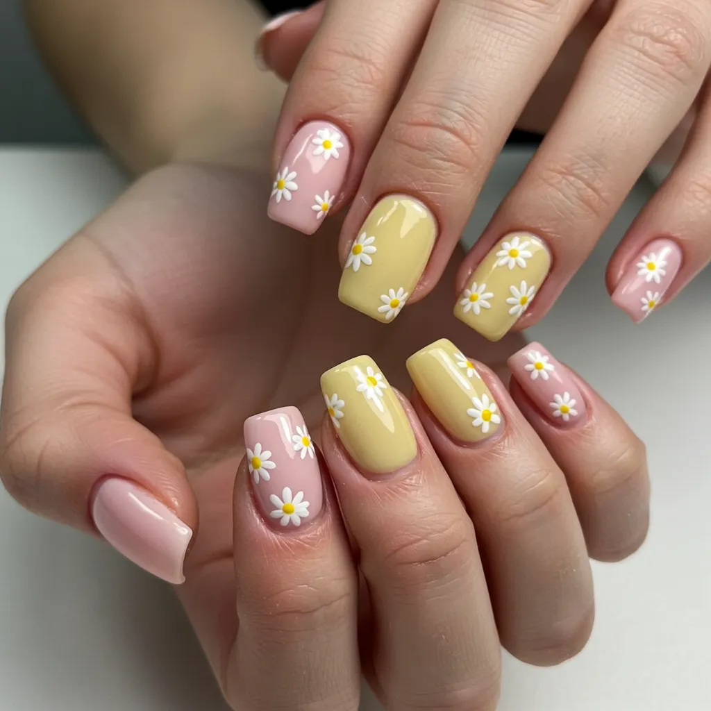 A delicate set of Floral Pastel Nail Art, featuring soft pastel shades like pink, lavender, and mint green with hand-painted flower designs for a feminine and elegant look.

