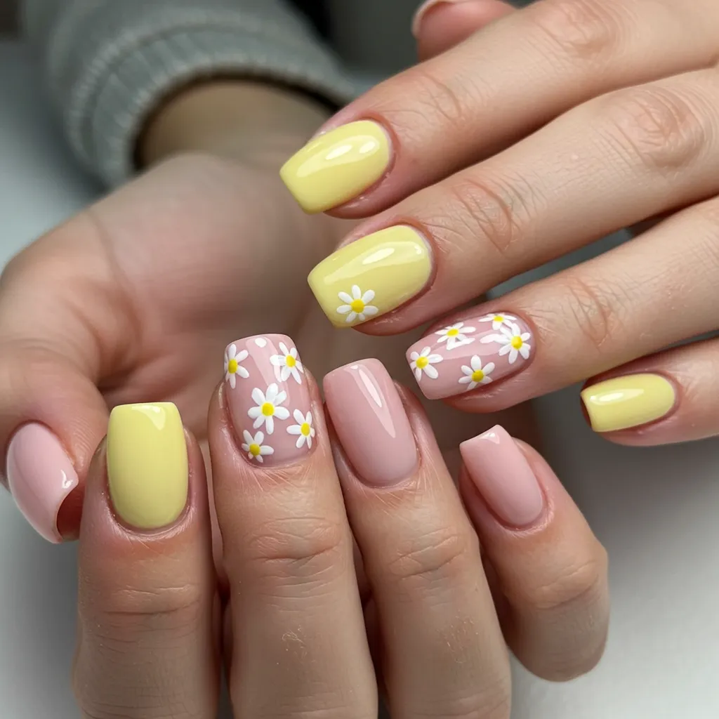 A delicate set of Floral Pastel Nail Art, featuring soft pastel shades like pink, lavender, and mint green with hand-painted flower designs for a feminine and elegant look.

