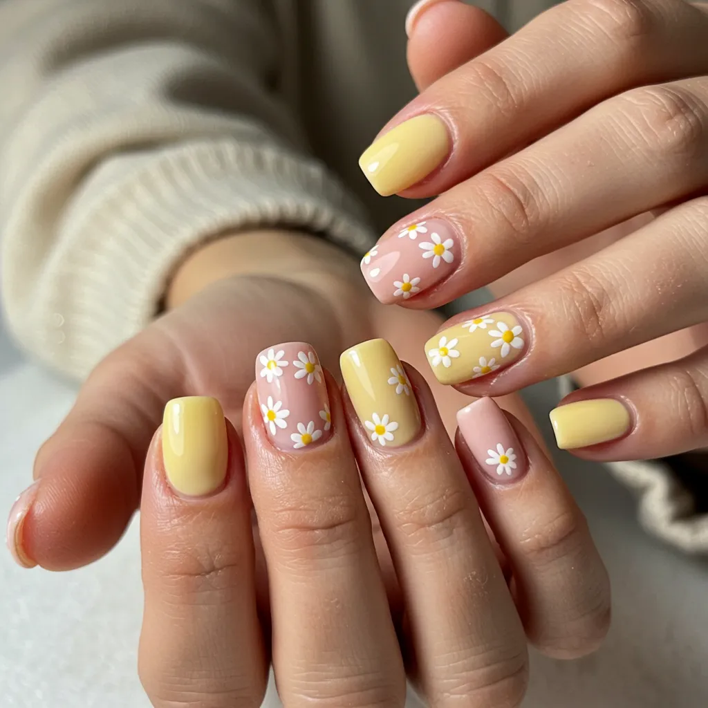 A delicate set of Floral Pastel Nail Art, featuring soft pastel shades like pink, lavender, and mint green with hand-painted flower designs for a feminine and elegant look.

