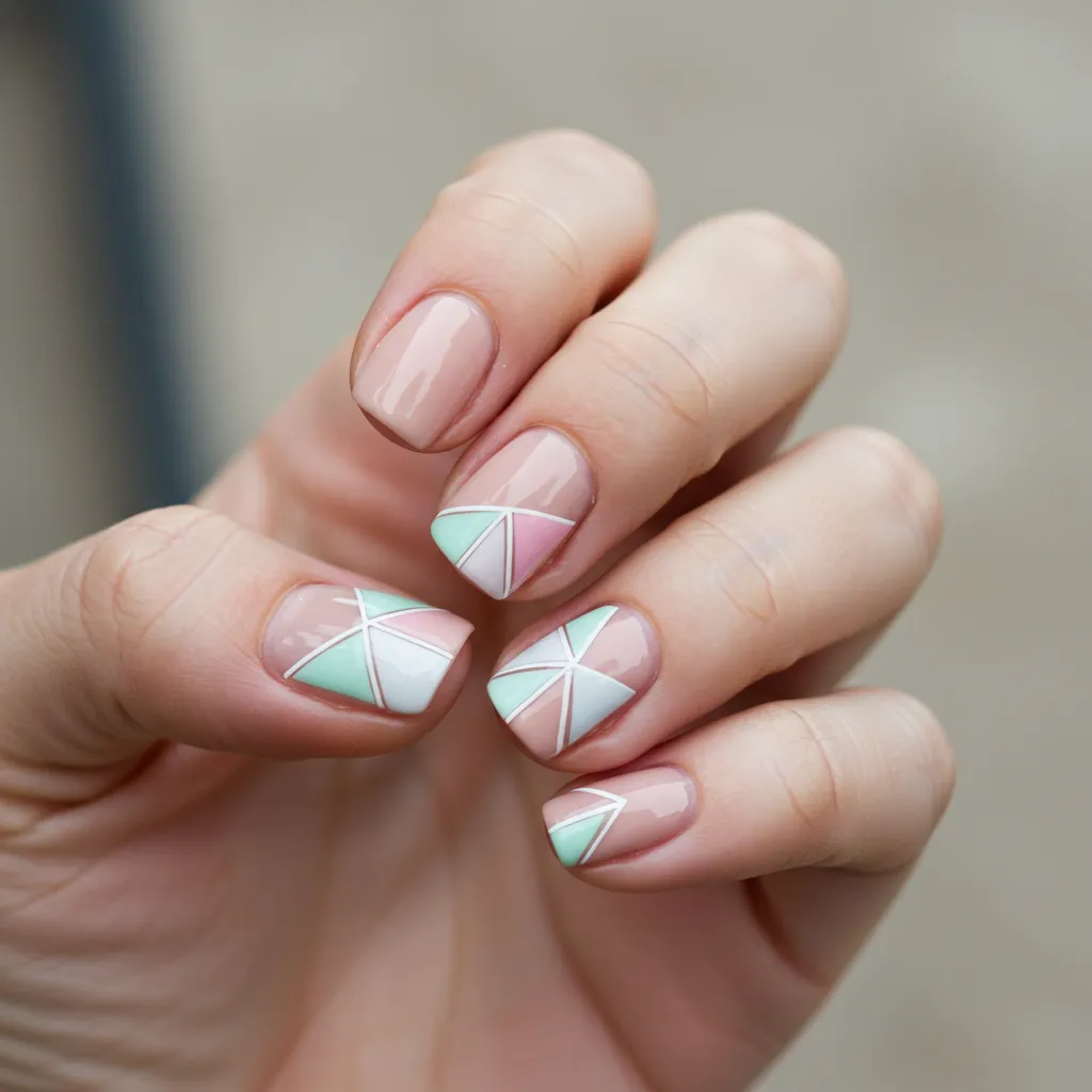 A stylish set of Geometric Pastel Nail Art, featuring soft pastel shades like pink, lavender, mint green, and baby blue arranged in bold, modern geometric shapes for a trendy and artistic manicure.

