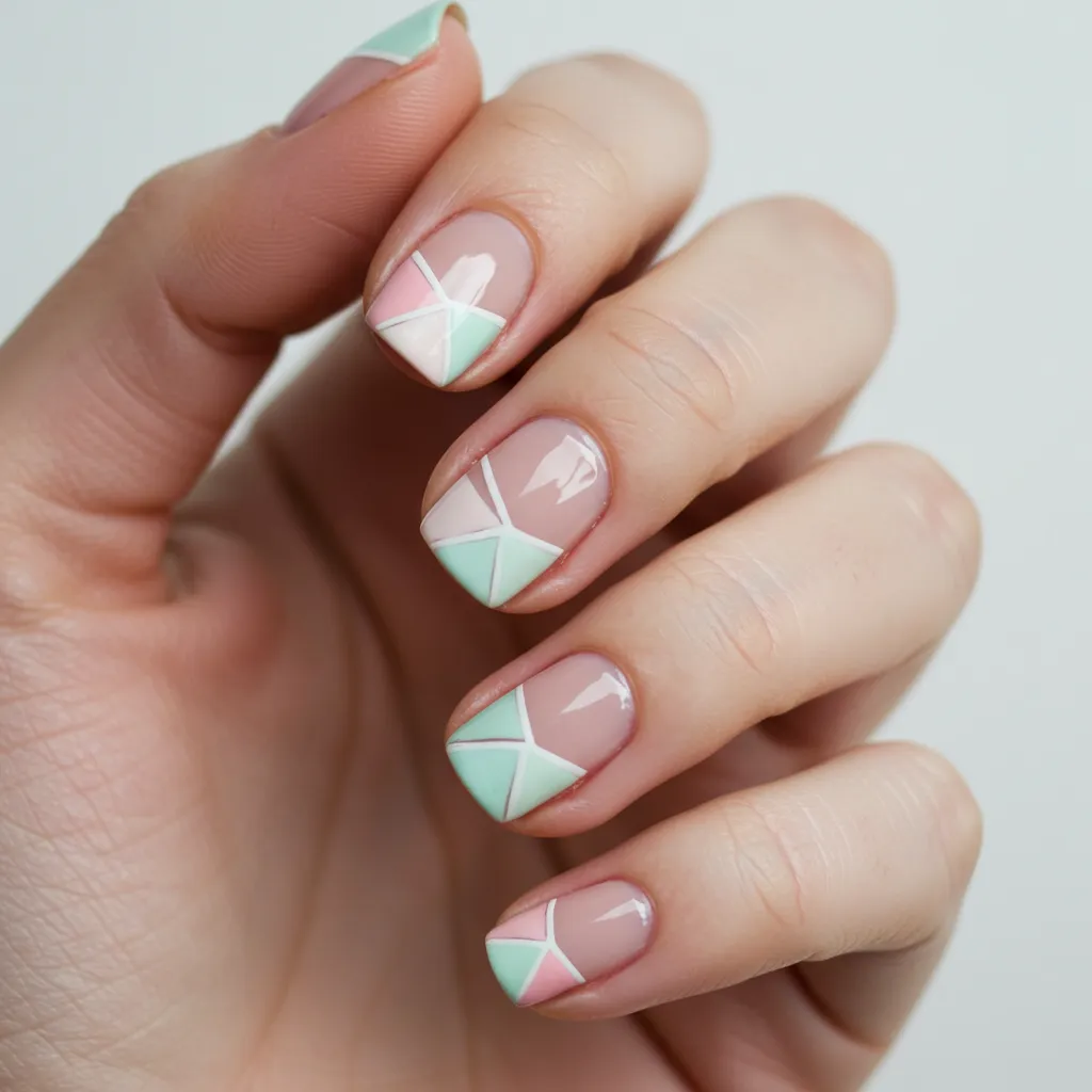 A stylish set of Geometric Pastel Nail Art, featuring soft pastel shades like pink, lavender, mint green, and baby blue arranged in bold, modern geometric shapes for a trendy and artistic manicure.

