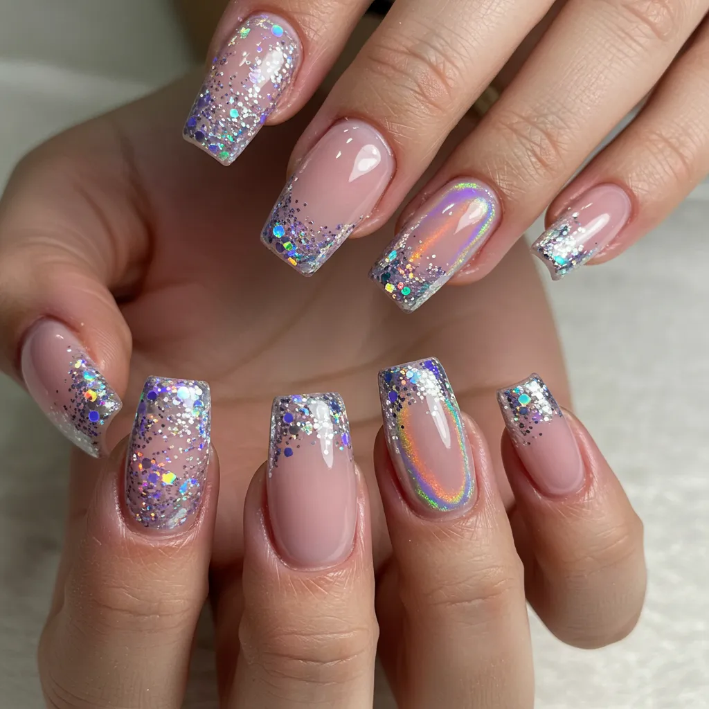 A dazzling set of Glittery Pastel Nails, featuring soft pastel shades like pink, lavender, mint green, and baby blue with a sparkling glitter finish for a glamorous and eye-catching manicure.

