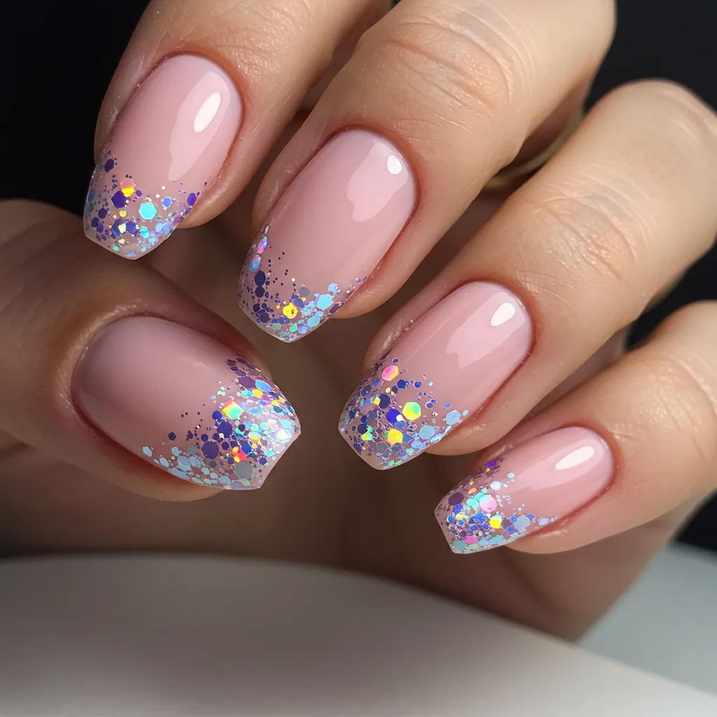 A dazzling set of Glittery Pastel Nails, featuring soft pastel shades like pink, lavender, mint green, and baby blue with a sparkling glitter finish for a glamorous and eye-catching manicure.

