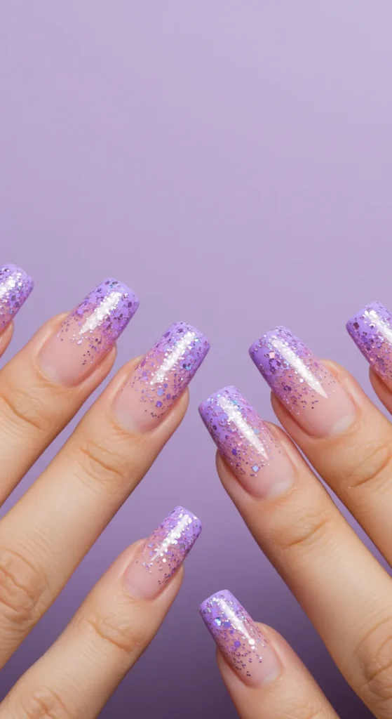 Soft lavender or pink nails with glitter cascading from the tips, fading seamlessly into a clear base for a dreamy effect.

