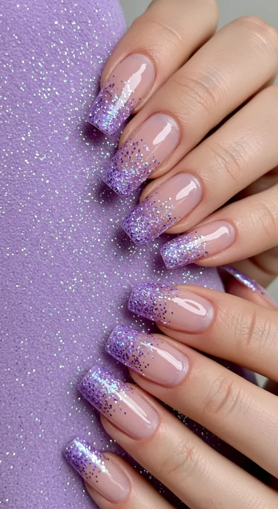 Soft lavender or pink nails with glitter cascading from the tips, fading seamlessly into a clear base for a dreamy effect.

