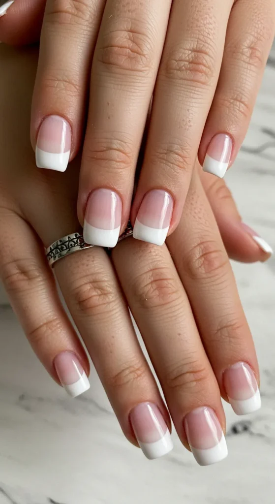 A soft and elegant gradient manicure fading from pink to white, creating a smooth and delicate ombre effect for a fresh, feminine look.