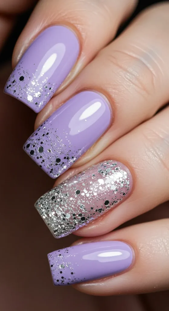 Soft lavender nails with a delicate dusting of silver glitter, either concentrated at the tips or as a graceful gradient from the cuticle.

