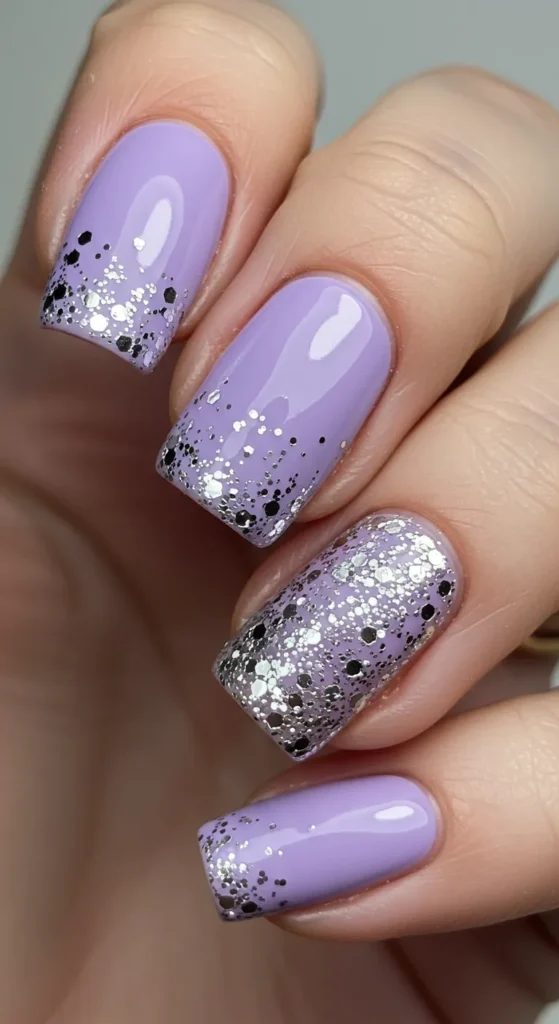 Soft lavender nails with a delicate dusting of silver glitter, either concentrated at the tips or as a graceful gradient from the cuticle.

