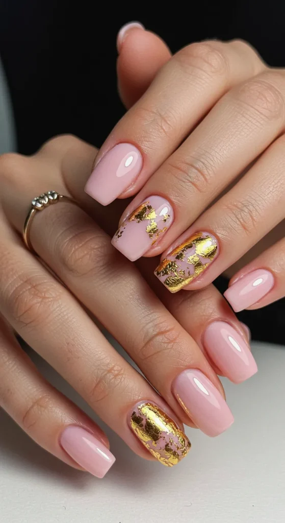 Light Pink with Gold Foil nails designs